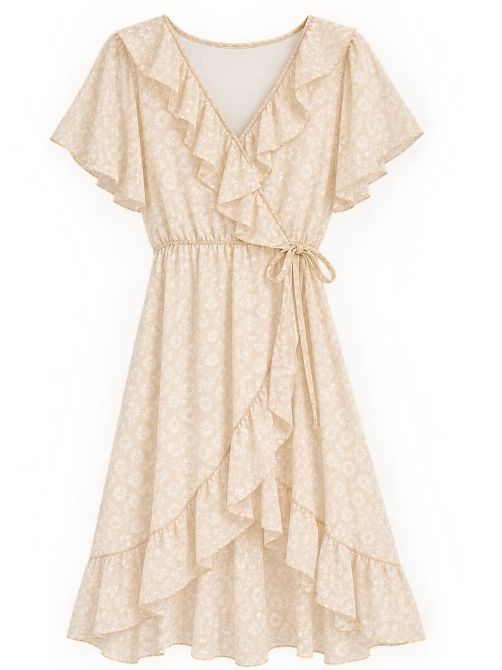 Women's Beige Floral Ruffle Wrap Dress